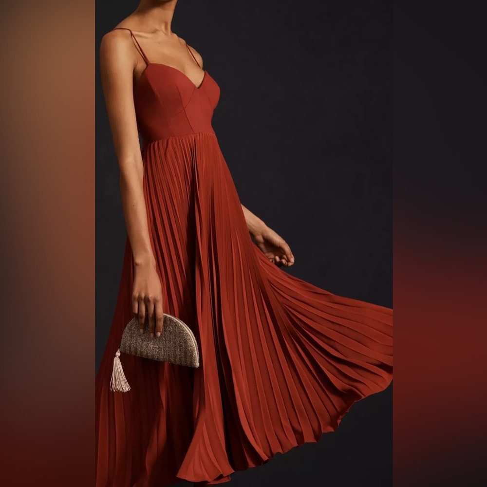 Anthropologie Rust Red Pleated Midi Dress - Picture 7 of 10